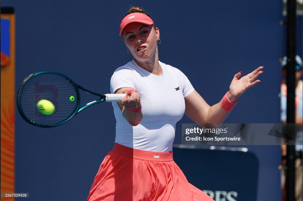 Photo from Getty Images with Talia Gibson hitting a forehand in her round 2 match against Naomi Osaka.