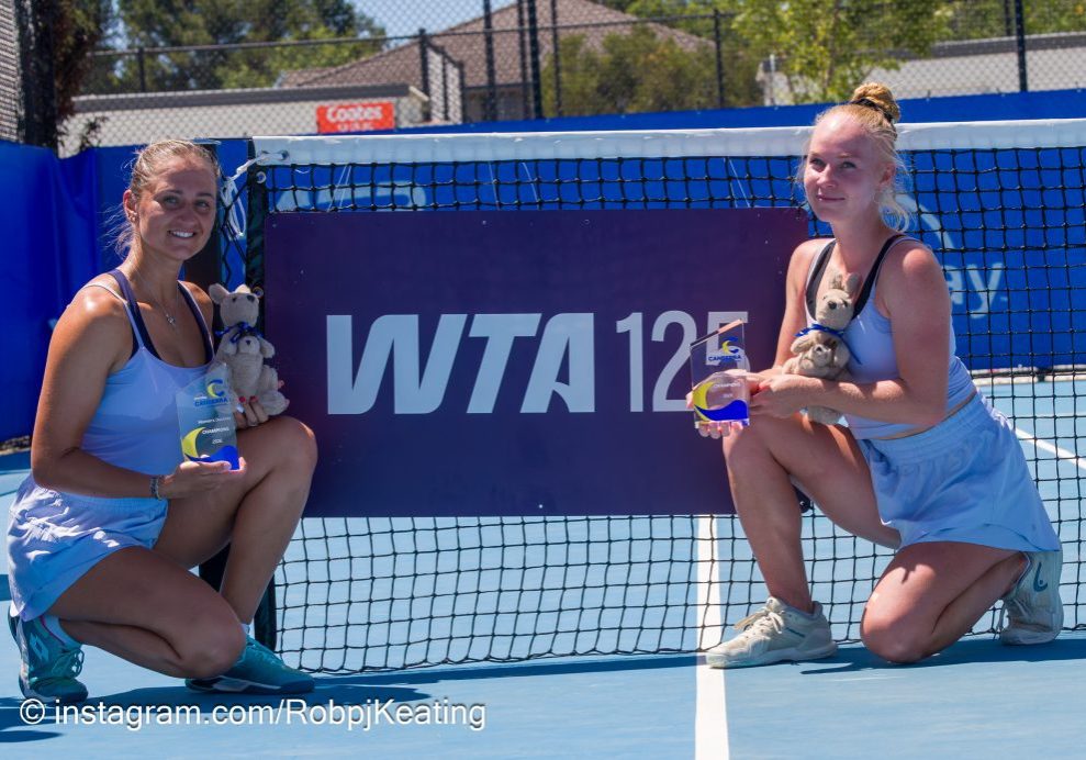 2026 Workday Canberra International Tennis Women's doubles final -  Iryna Shymanovich and Maria Kozyreva with their trophy.