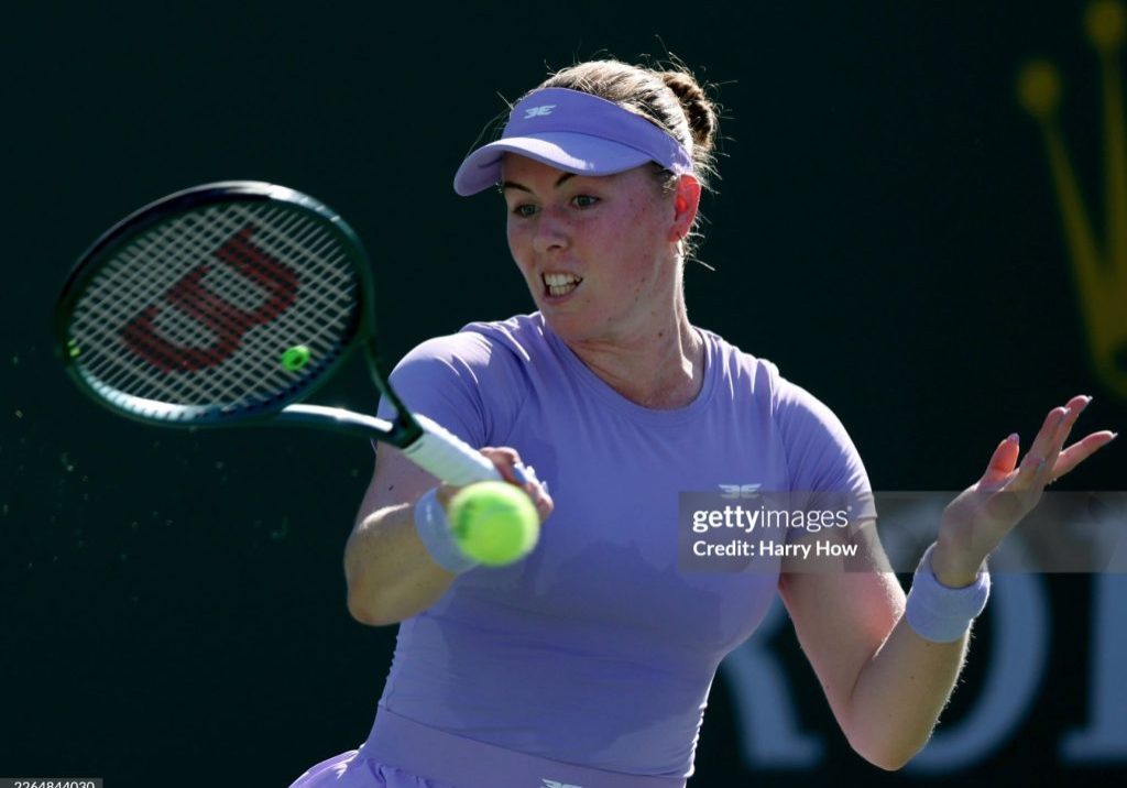 A photo from Getty Images showing Australian tennis player Talia Gibson hitting a forehand at Indian Wells