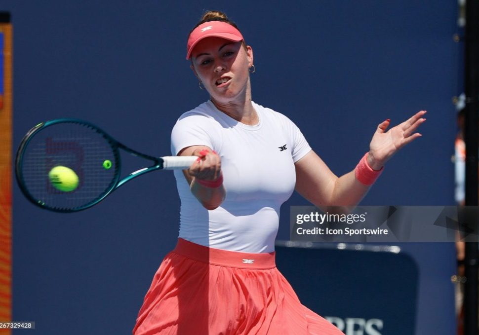 Photo from Getty Images with Talia Gibson hitting a forehand in her round 2 match against Naomi Osaka.
